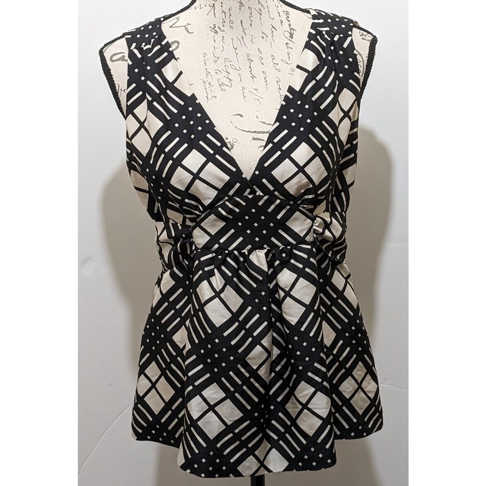 J. Crew 100%  Silk Sleeveless Top 6 Ivory Black Plaid Tie Belt V Neck  Party